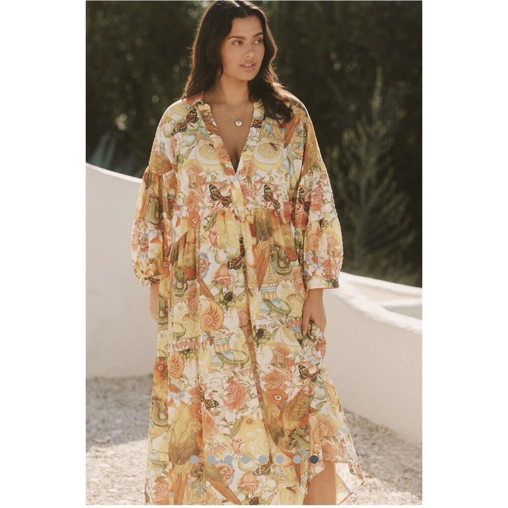 Anthropologie Corlita Printed Shirt Dress By Emily Sz XS Orange Pattern